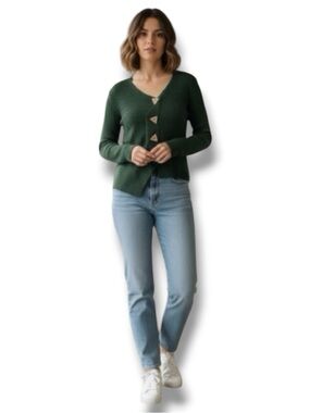 PUTORTI Vintage 80s 90s Sweater Forest Green Ribbed Asymmetrical Cute Buttons L